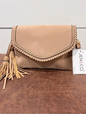 Jen & Co Vegan Suede Crossbody Boho Tassel Envelope Bag Neutral Western Festival